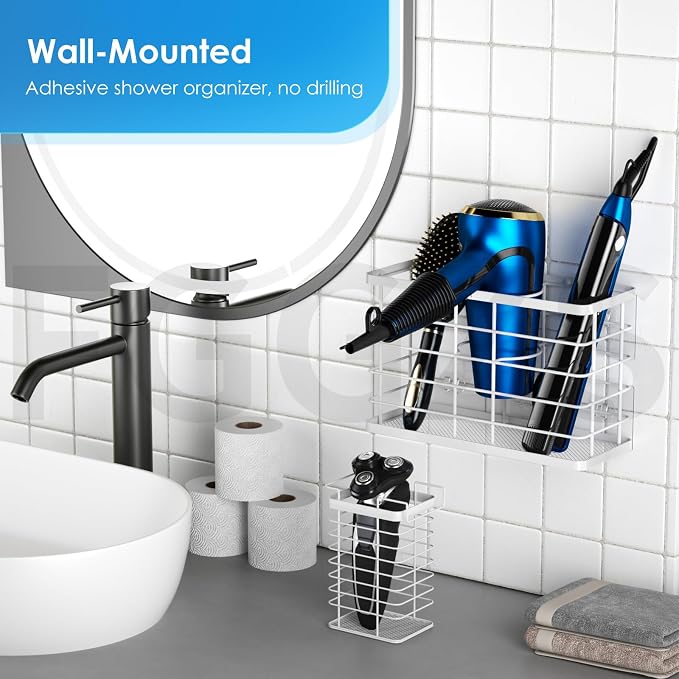 Agotglmi Hair Tool Organizer, Dryer Holder, 3 in 1 Blow Bathroom Organizer Wall Mounted/Cabinet Door for Flat Iron, Curling Straightener, Care & Styling Tools Storage Basket (White) - Image 4
