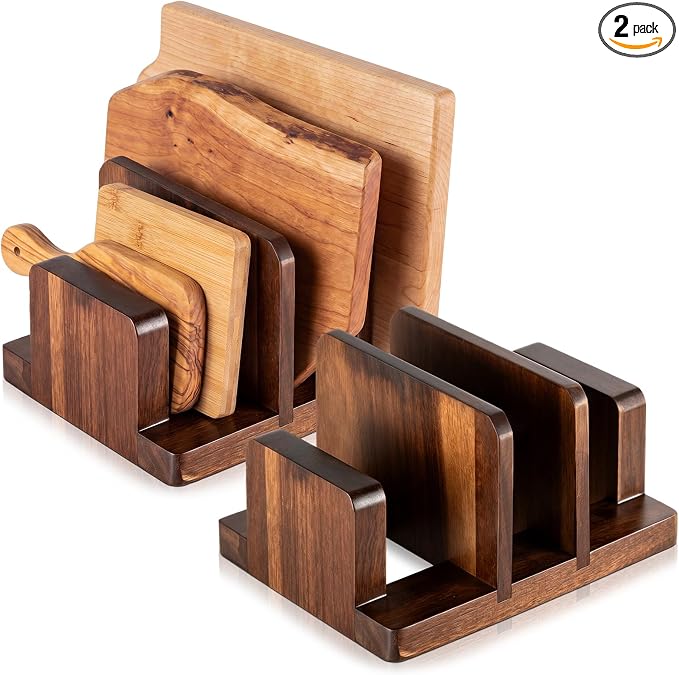 2 Pack Acacia Wood Cutting Board Holder, Kitchen Rack for Cutting Boards, Lids, Bakeware Storage, Countertop Pan & Tray Holder with 3 Slots, Plate Organizer for Cabinet, Baking Sheets by Mifoci