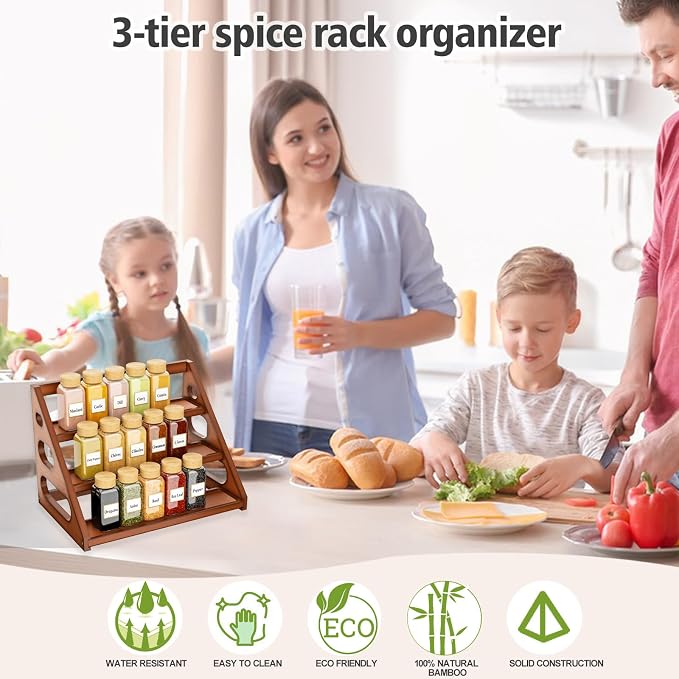 Spice Rack - Tiered Spice Rack Organization for Cabinet - 3 Tier Bamboo Display Spice Shelf for Countertop - Image 4