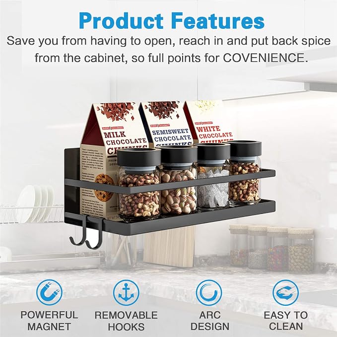 Magnetic Spice Rack, Thipoten Strong Magnetic Shelf with 2 Removable Hooks, Perfect Space Saver for Small Kitchen/ Apartment, Awesome Metal Cabinet for Holding Spices, Jars, Bottle, Beve(Black, 2Pack) - Image 2