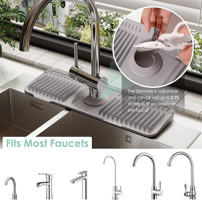 17.7-Inch Silicone Faucet Mat for Kitchen Sink Splash Guard, 7° Slope | 17.7"x5.5" water draining mat with fasten button; 1.6-2.75" customizable hole for bathroom, RV & kitchen sink drip catcher. - Image 3
