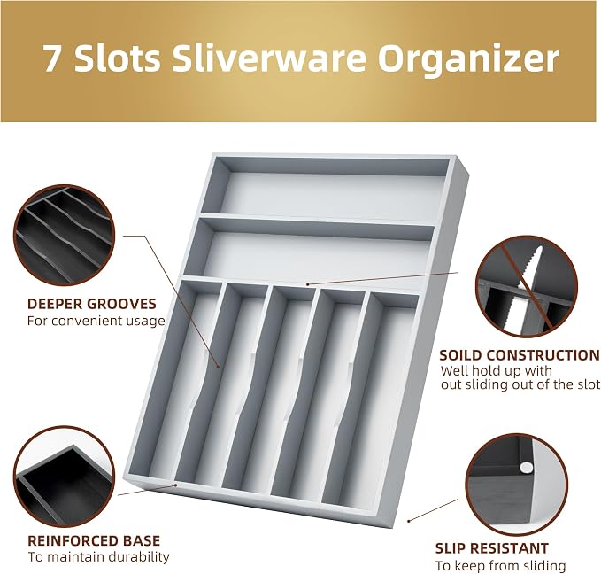 Bamboo Silverware Holder Drawer Utensil Organizer with 7 Slots Gray | 13 Inch, 7 Divided Slots, Gray Bamboo Wooden, Organize Kitchen Bedroom Office, Flatware Spoon Fork Cutlery Tray - Image 4