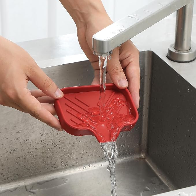 MicoYang Silicone Soap Dish with Drain Spout, Self-Draining Sink Organizer Tray for Bathroom and Kitchen, Sponges, Dispensers and Soap Holder, Non-Slip and Dishwasher Safe, Red (Compact, 4.9"×3.2") - Image 9