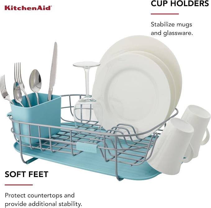 KitchenAid Low Profile Compact Dishrack with Removable Flatware Caddy and Angled Self-Draining Board, Rust Resistant Wires, 12.59 x 17.55 x 6.29 Inch, Mineral Water - Image 6