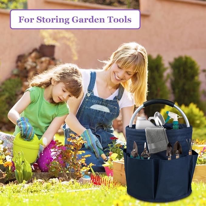 17L Cleaning Caddy with Handle, Portable Shower Caddy in 600D Oxford Fabric, Bucket Tool Organizer with 6 Side Pockets, Collapsible Storage Basket for Cleaning, Camping, Navy Blue - Image 8