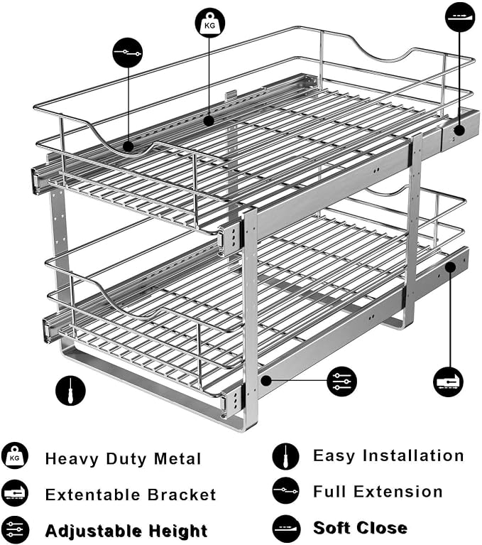 2 Tier Pull Out Cabinet Organizer,(14½"W x 22" D) Soft Close Slide Out Drawer For Kitchen Base Cabinet, Individual Pull Out Shelf, Roll Out Pantry Organization, 22 Inch Deep - Image 5