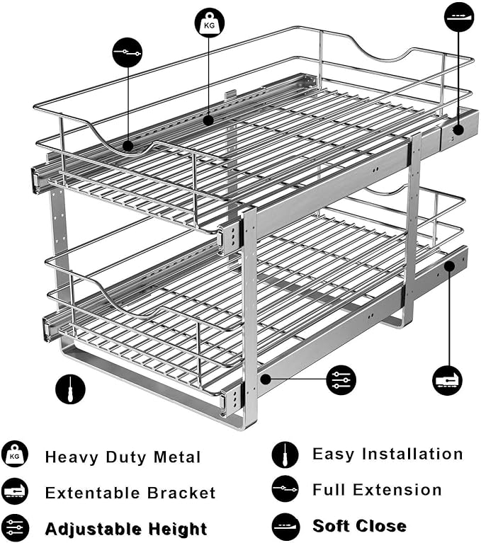 2 Tier Pull Out Cabinet Organizer,(8½"W x 22" D) Soft Close Slide Out Drawer For Kitchen Base Cabinet, Individual Pull Out Shelf, Roll Out Pantry Organization, 22 Inch Deep - Image 5