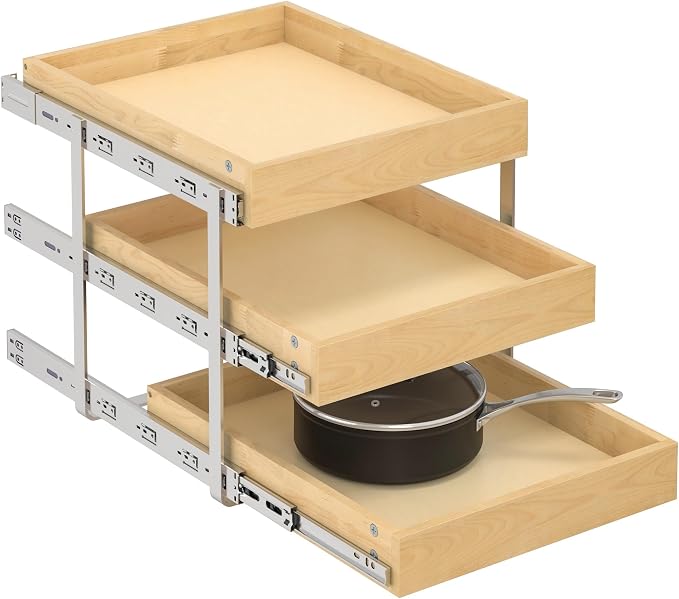 WelFurGeer 3-Tier Pull Out Cabinet Organizer with Soft Close, Heavy-Duty Pull Out Drawers for Cabinets, Slide Out Shelf for Kitchen, Pantry, Bathroom & Under Sink, Solid Birch Wood by WelFurGeer