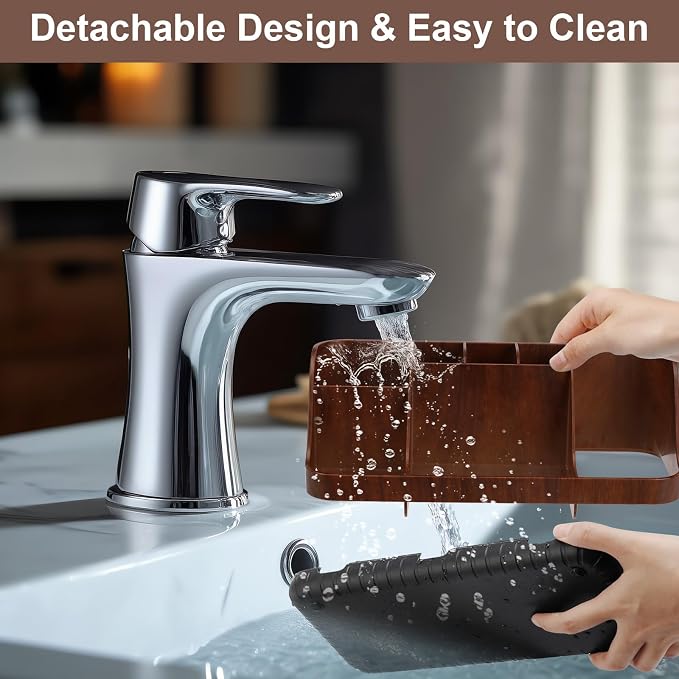 GFWARE Wood Toothbrush Holders for Bathroom Organizer with Drain Holes | Detachable 7 Slots Kid Electric Toothbrush and Toothpaste Holder, Bathroom Sink, Caddy, Tray, Vanity Storage Wood-Look, Brown - Image 4