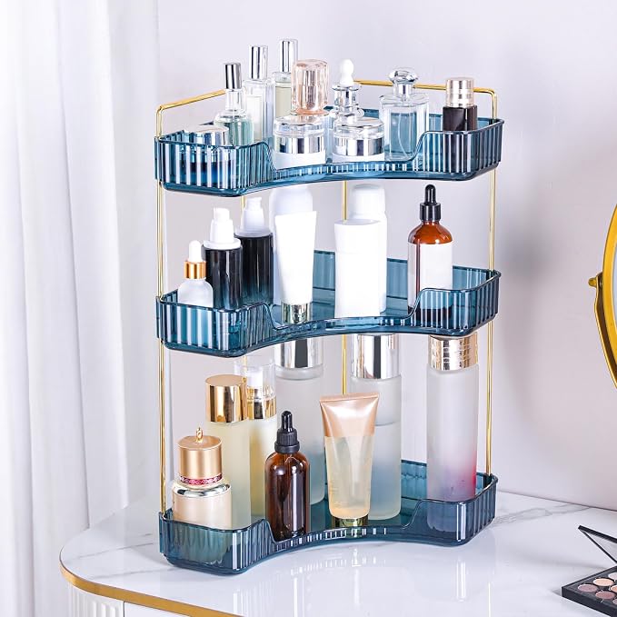 Corner Bathroom Counter Organizer Bathroom Countertop Shelf Makeup Organizer for Vanity Perfume Tray for Corner Storage (3 Tiers, Blue) by Weidace