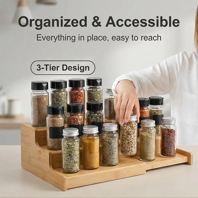 JinDoWin Spice Rack Organizer for Cabinets,Countertop & Pantries | Expandable design, 3-Tier stepped bamboo spice shelf, seasoning organizer, pantry organizers and storage - Image 4