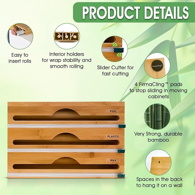 3-in-1 Bamboo Wrap Organizer with Cutters, Labels, Interior Holders, Anti-Slip Pads - Kitchen Drawer, Pantry, Storage for Plastic Wrap, Aluminum Foil, Wax Paper, Kitchen Storage, 12" Roll Holder - Image 3