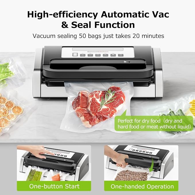 Bonsenkitchen Vacuum Sealer with Easy Handle Design,1 Bag Roll & 10 Bags | Powerful Suction Food Vacuum Sealer, Low-Noise, Fast Continuous Sealing for Bulk Buy, Built-in Cutter & Bag Storage, Black - Image 2