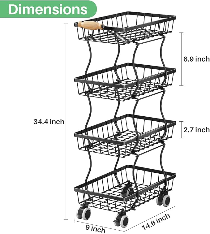 SAYZH 4-Tier Fruit Basket Stand with Vegetable Baskets for Kitchen, Black | Stackable Metal Wire Basket, Sturdy Rolling Storage Carts for Kitchen, Pantry Organizer, Snack and Jar Storage - Image 8