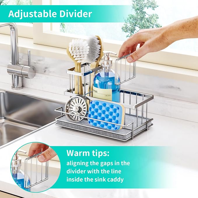 HapiRm Sink Caddy Sponge Holder - Kitchen Sink Organizer with Instant Drying Stone and Brush Holder, Stainless Steel Sponge Caddy for Kitchen Countertop - Silver - Image 5