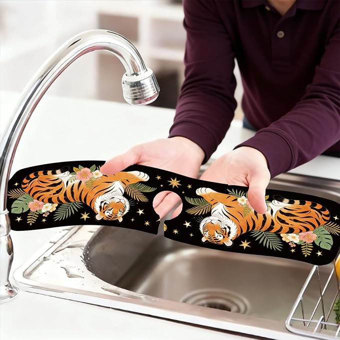 2 Pcs Tiger Kitchen Sink Splash Guard Faucet Mat Tropical Leaves Faucet Mat for Sinks Absorbing Drying Mats for Kitchen Bathroom, 23.6x5.5inch - Image 6
