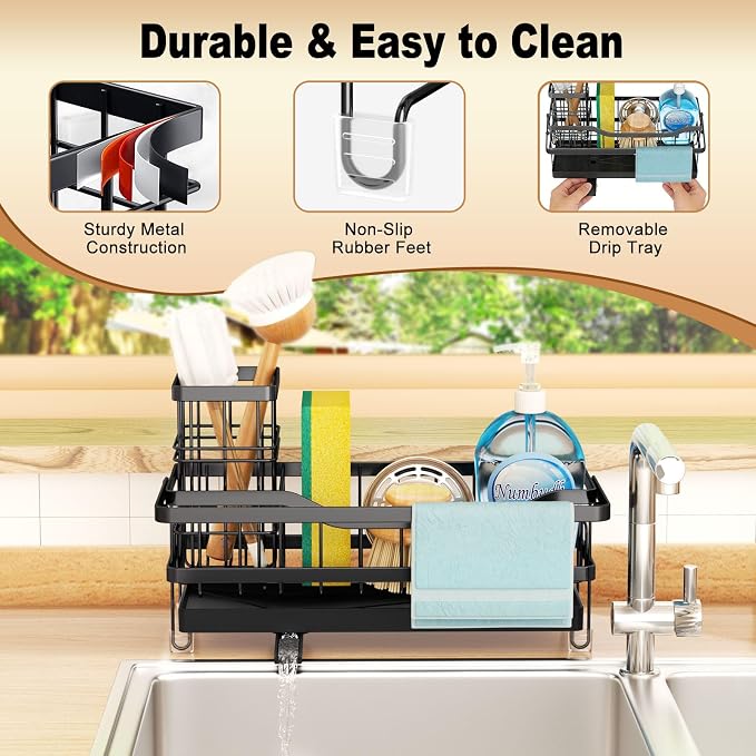 Sponge Holder for Kitchen Sink, Self-draining Sink Organizer with Towel Rack and Brush Holder, Metal Kitchen Sink Organizer for Countertop, Black - Image 2