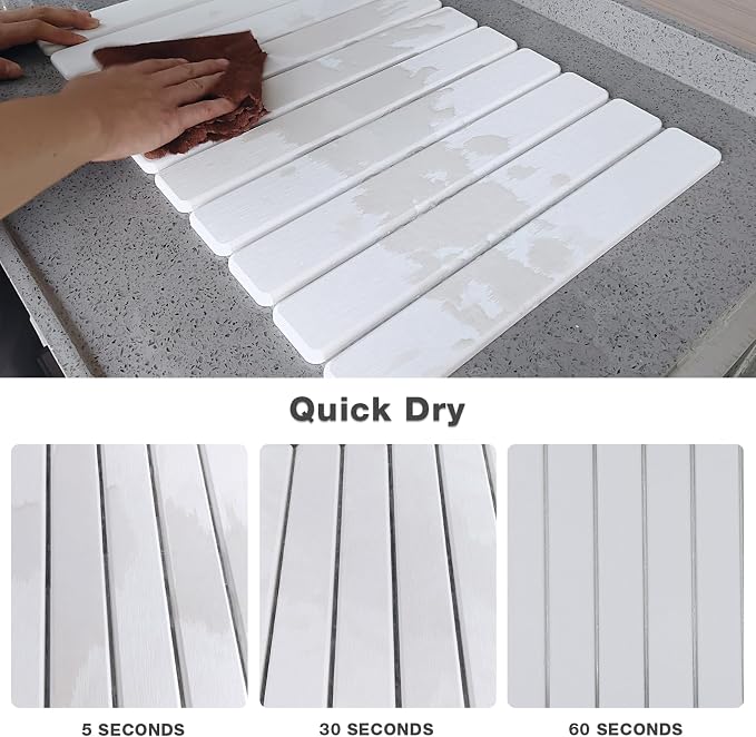 Diatomaceous Earth Stone Dish Drying Mat for Kitchen Counter – 24”x16”, Non-Slip Quick-Dry Surface, Sleek Foldable Design & Collapsible Storage, White - Image 6