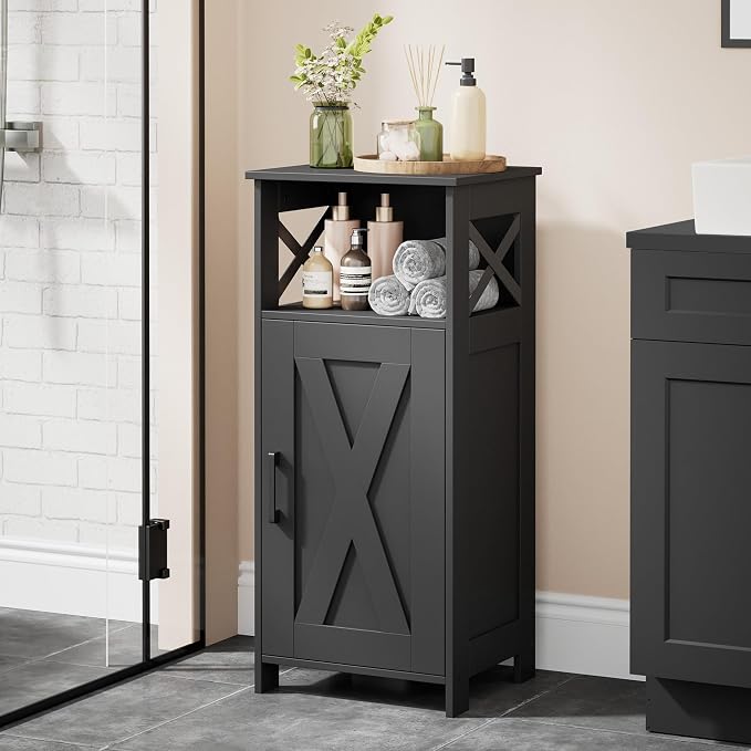 Homhedy Farmhouse Bathroom Storage Cabinet with Doors, Small Floor Cabinet | Toilet Paper Cabinet with Adjustable Shelf, Freestanding Storage Cabinet for Kitchen/Laundry/Living Room, 14"W, Black by Homhedy