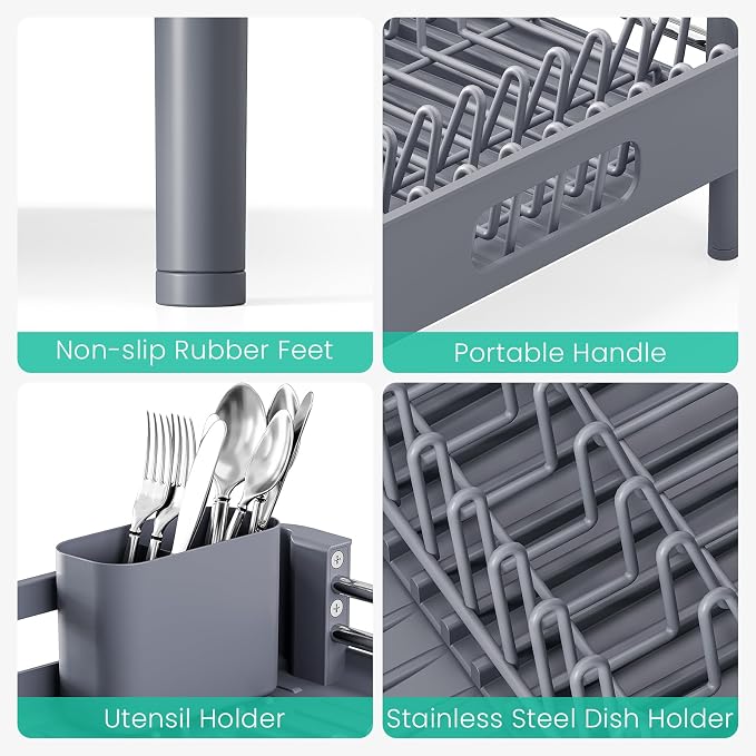 TOOLF Expandable Dish Drying Rack with Cutlery Holder, Standard, Grey | Over or In Sink Stainless Steel Dish Drainers for Compact Kitchen, Space Saving, Fast Drain, Rustproof, For 1-3 people - Image 5