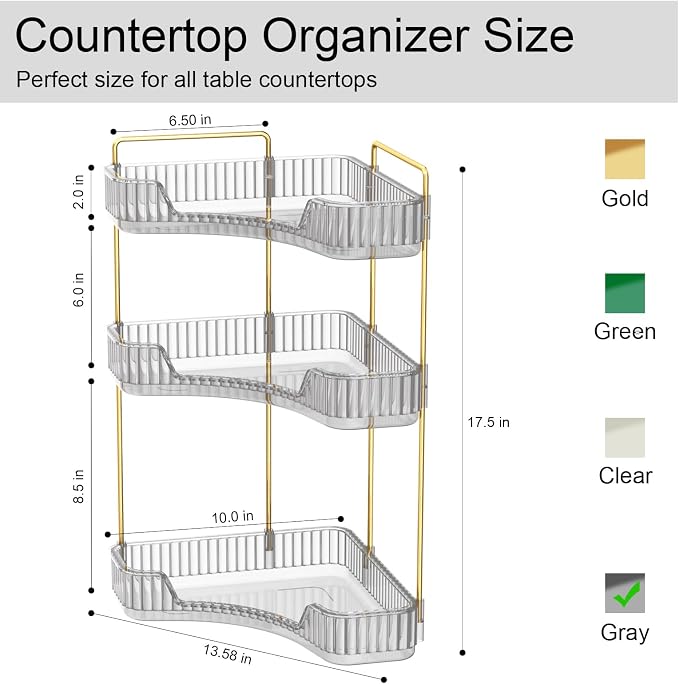GTI 3-Tier Corner Bathroom Counter Organizer, Large Capacity Makeup Organizer Countertop, Perfume Cosmetics Skincare Vanity Organizers, Exquisite Countertop Storage for Women (Gray) - Image 3