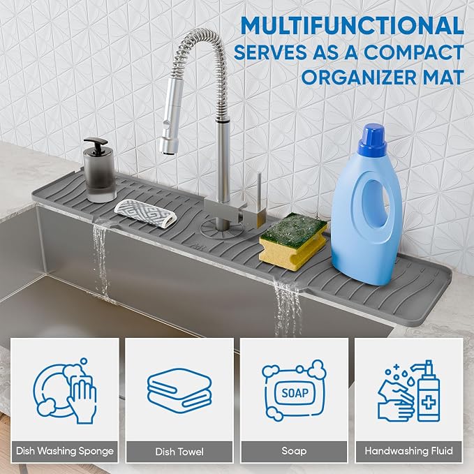 24 Inch Longer Faucet Mat for Kitchen Sink, Silicone Sink Faucet Mat Splash Guard 5° Slope Premium Kitchen Sink Splash Faucet Guard, Fast Self-Draining Mat (gray) - Image 8
