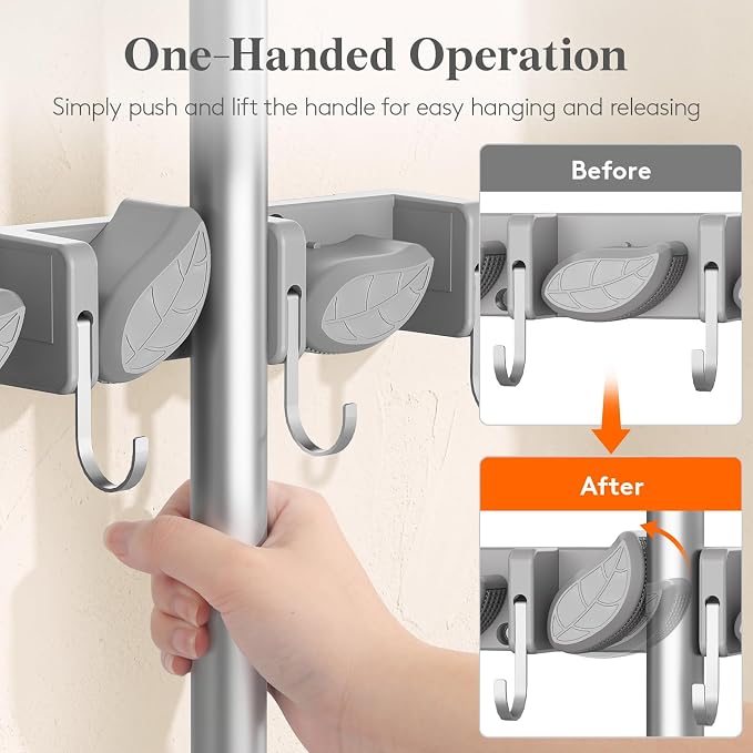 Lifewit Mop and Broom Holder Organzier Wall Mount Non-Slip, 1 Pack, Gray | Easy Install One Handed Push Cleaning Tool Hanger with 6 Hooks 5 Slots, Heavy Duty Hanging Utility Rack for Garden, Garage - Image 3
