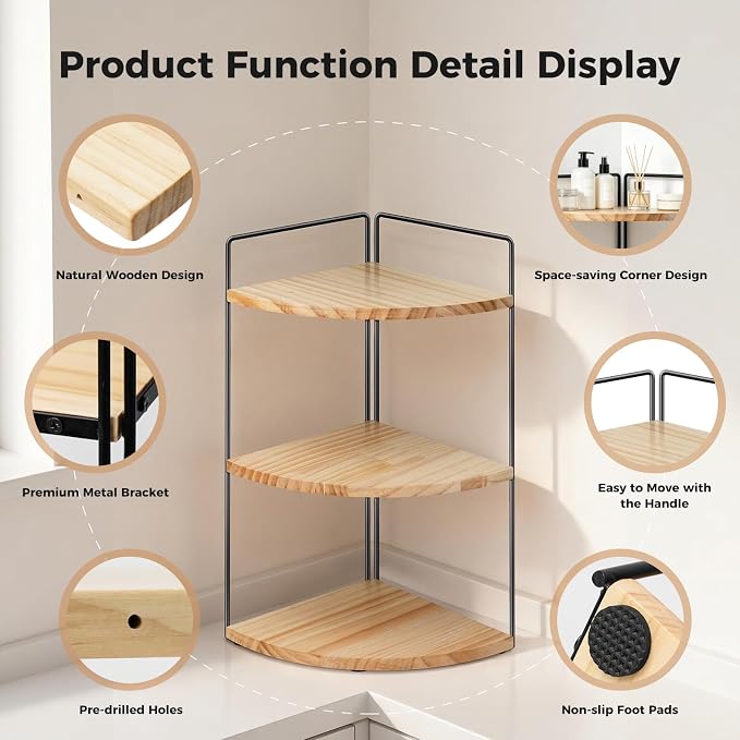 3 Tier Corner Bathroom Counter Organizer – Solid Wood + Metal Stand, Bathroom Countertop Organizer for Skincare, Makeup & Vanity, Space-Saving Rustic Storage for Sink, Kitchen & Bathroom - Image 4