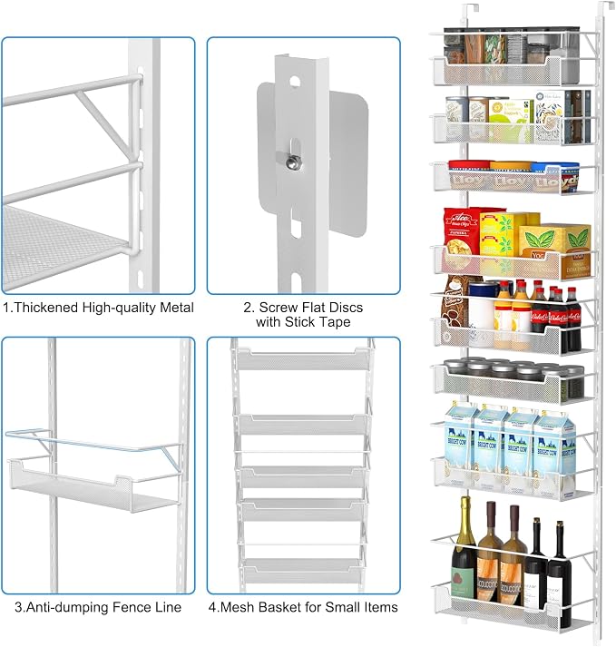 VyGrow Over the Door Pantry Organizer, 8-Tier Over the Door Organizer with Adjustable Basket, Pantry Door Organization for Pantry Kitchen Storage Room Spice Rack, White - Image 5