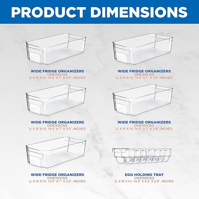 NutriChef Refrigerator Organizer Bins 6-Piece - Plastic Storage Bins with Egg Holder - For Fridge, Freezer, Kitchen, Cabinet, Countertops, Pantry - Stackable Food & Drink Containers, 14.5"x7" - Clear - Image 3