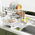 2-Tier Expandable Dish Drying Rack for Kitchen Counter, White | Large Capacity Dish Rack Organization, Heavy-Duty Carbon Steel, 17 lbs Capacity, Swivel Drain Spout & Cup Hooks by Nfnoyp