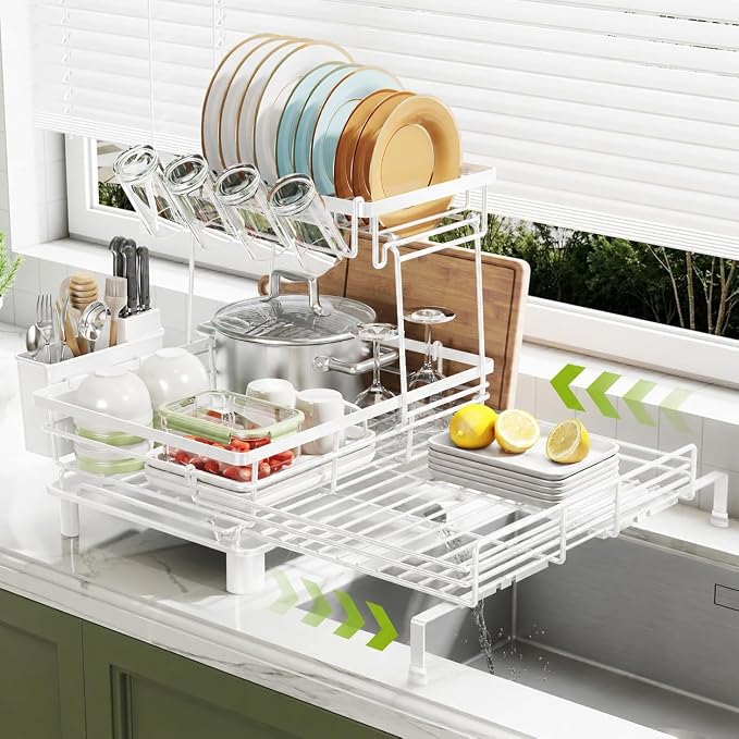 2-Tier Expandable Dish Drying Rack for Kitchen Counter, White | Large Capacity Dish Rack Organization, Heavy-Duty Carbon Steel, 17 lbs Capacity, Swivel Drain Spout & Cup Hooks by Nfnoyp