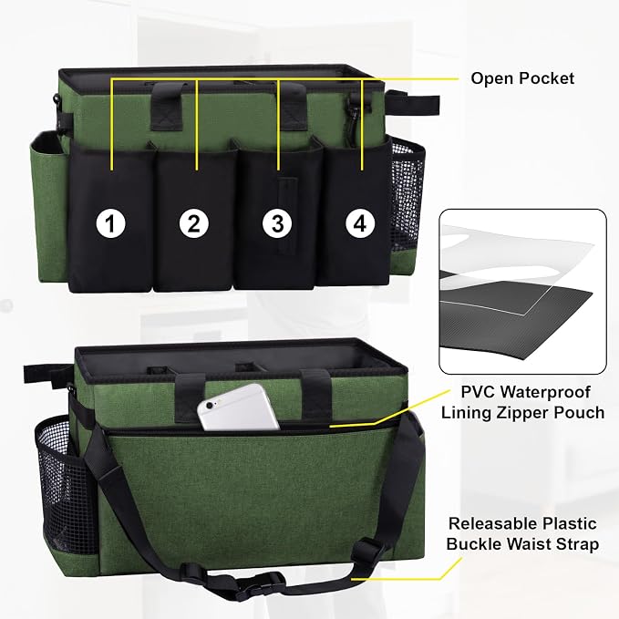 Wearable Large Cleaning Caddy Bag for Housekeepers (Green) | Cleaning Supplies Organizer with Adjustable Shoulder, Waist & Handle Straps, Detailing Bag for Kitchen Supplies - Image 3