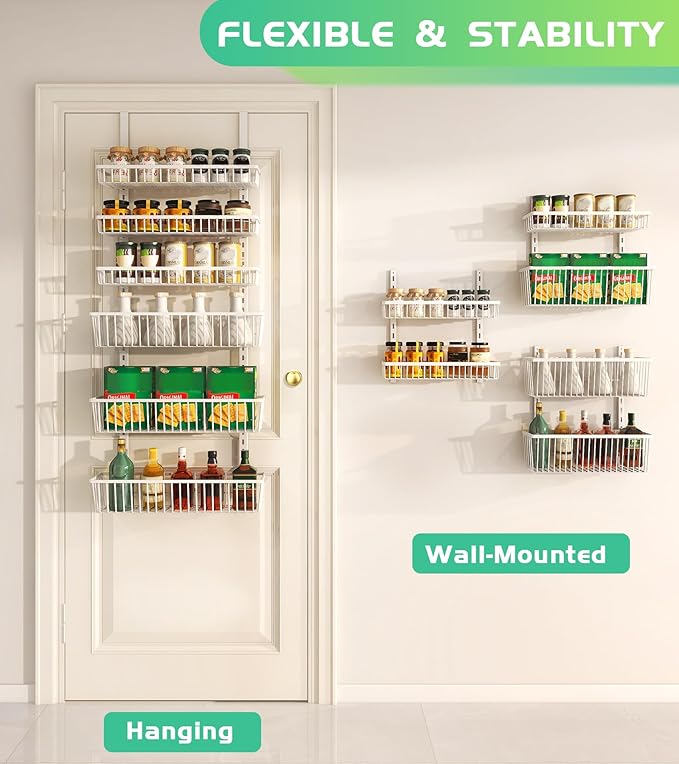 Mefirt Over The Door Pantry Organizer, 6-Tier Deep Baskets, White | Pantry Hanging Organizers and Storage, Adjustable Heavy-Duty Metal for Home & Kitchen, Back of Door Seasoning Rack - Image 3