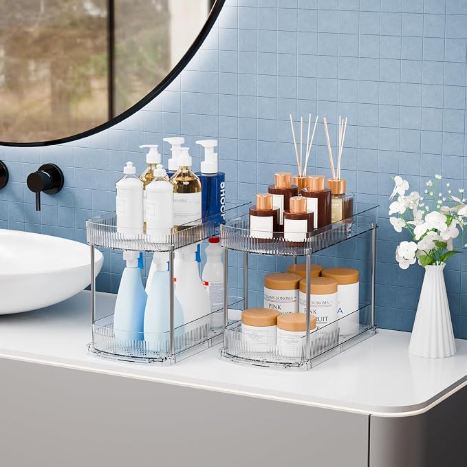 4 Pack Large Pull Out Bathroom Organizers and Storage,2 Tier 12.8″ Tall Sliding Kitchen Under Sink Organizer for Cleaning Products Storage,Acrylic Clear Bathroom inder Sink Organizer,Undersink Storage - Image 5