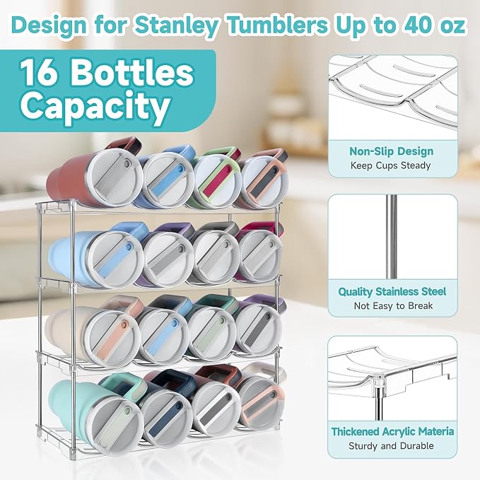 Stackable Water Bottle Organizer Large Compartment Water Bottle Holder | Tumbler Organizer for Stanley 40 oz Cup, Kitchen Cabinet Storage Organizer for Stanley Cup Accessories, 4 Tier Hold 16 Bottle - Image 4