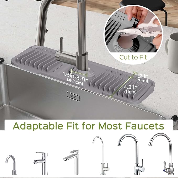 15 Inch Silicone Faucet Mat for Kitchen Sink Splash Guard – 2025 Upgraded Draining Mat with Water Tray Behind Faucet – Countertop Protectors to Catch Spills (Gray, 14.6" x 5.5") - Image 5