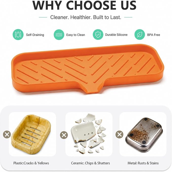 MicoYang Silicone Soap Dish with Drain Spout — Self-Draining Double Sink Organizer Tray for Kitchen & Bathroom, Dispensers, Sponges & Soap Holder, Non-Slip & Dishwasher Safe, Orange (Large, 12"×4") - Image 3