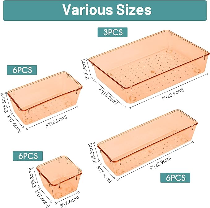 25 PCS Plastic Drawer Organizer Set, Makeup Organizers and Storage Bins | 4 Sizes Desk Drawer Divider Organizers and Storage Bins for Jewelry, Gadgets for Kitchen, Bedroom, Bathroom, Orange - Image 2