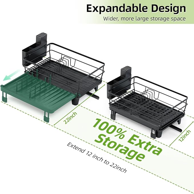 TOOLF Expandable Dish Drying Rack for Kitchen Counter, Black | Extendable 12"-22"W, Fast Draining, Large Capacity, Fits Large Plates, Utensil Holder, 3-4 People Family - Image 3