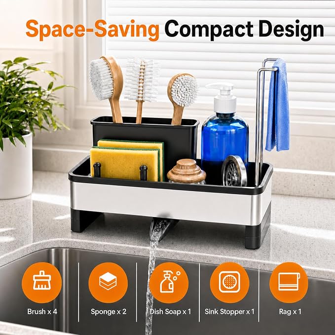 Laveshop Sponge Holder for Kitchen Sink, Rustproof Stainless Steel Sink Caddy with Auto-Drain, Removable Brush Holders, Soap and Dishcloth Organizer, Black - Image 2