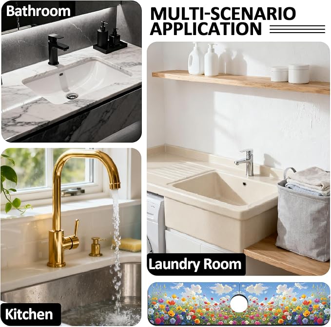 2 Pcs Kitchen Sink Splash Guard Faucet Mat Oil Painting of a Flower Bush Faucet Mat for Sinks Absorbing Drying Mats for Kitchen Bathroom, 23.6x5.5inch - Image 7