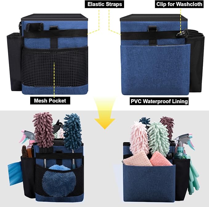 Wearable Large Cleaning Caddy Bag for Housekeepers (Blue) | Cleaning Supplies Organizer with Adjustable Shoulder, Waist & Handle Straps, Detailing Bag for Kitchen Supplies - Image 5
