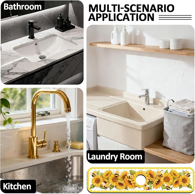 2 Pcs Kitchen Sink Splash Guard Faucet Mat Sunflower Faucet Mat for Sinks Bee Pattern Absorbing Drying Mat for Kitchen Bathroom, 23.6x5.5inch - Image 7