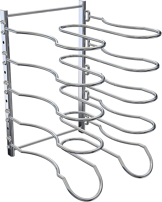 Heavy Duty Pan Rack, Pot Lid Rack, Kitchen Cabinet Pantry Cookware Organizer Rack Holder with 5 Adjustable Dividers, Chrome - Image 5