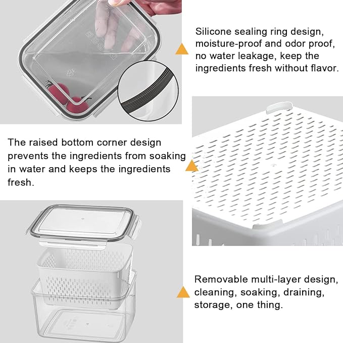3Pack Fridge Food Storage Container Set with Lids with Strainer, Fruit Vegetable Storage Containers Keep Fruits, Vegetables, Berry, Meat Fresh longer, BPA-Free Plastic Produce Keepers - Image 5