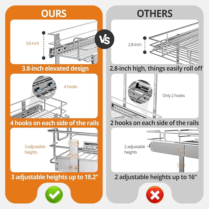 ZOINLIY Pull Out Cabinet Organizer,Slide Out Kitchen Organizers and Storage | Heavy Duty Drawer Cupboard Storage Basket, Smooth Sliding, Chrome Finish (2-Tiers-17¾''W×22“D) - Image 2