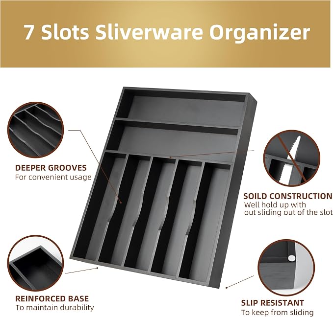 Bamboo Silverware Holder Drawer Utensil Organizer with 7 Slots Black | 13 Inch, 7 Divided Slots, Black Bamboo Wooden, Organize Kitchen Bedroom Office, Flatware Spoon Fork Cutlery Tray - Image 3