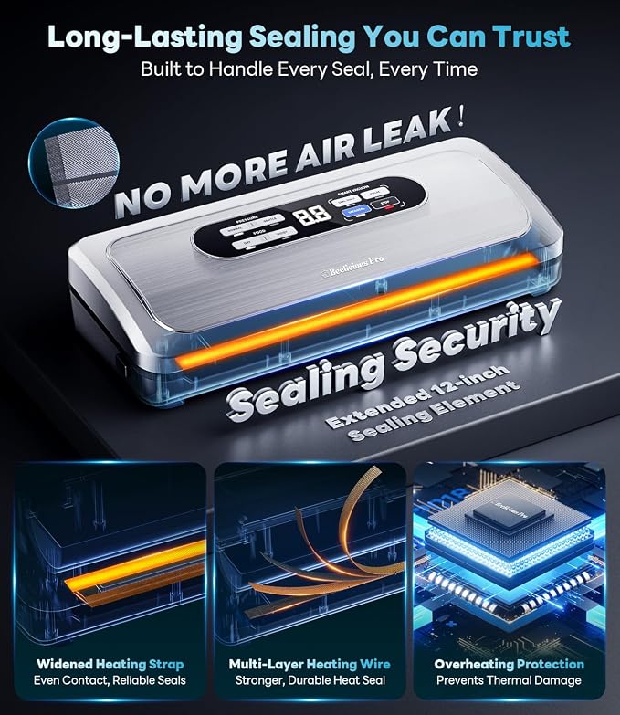 Vacuum Sealer Machine with AirLock ProSeal System, 10-in-1 Vacuum Sealer for Food, Moist/Dry Sealing Modes, Compact Design with Digital Timer, Built-in Cutter & Roll Storage, Stainless Steel - Image 2