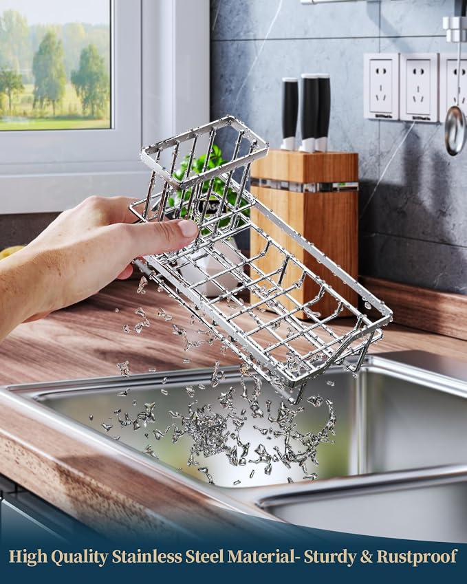 Consumest Sink Caddy, Kitchen Sponge Holder with Dish Brush Holder, Kitchen Sink Organizer with Drip Tray for Countertop Stainless Steel Rustproof, Silver-Large - Image 5